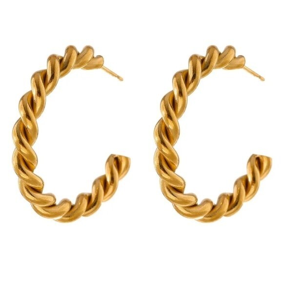 Retro C Shape Gold Hoop Earrings - Picture 4 of 5